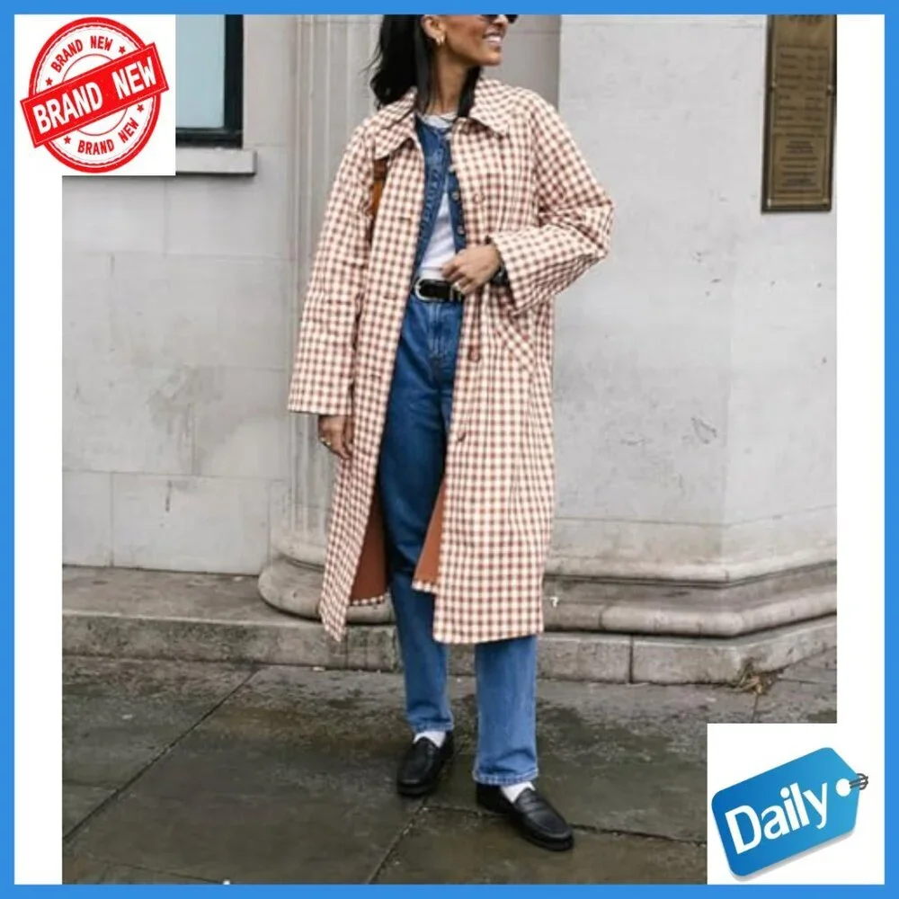 Women's Long Trench Coat Plaid Barn Jacket Single Breasted Casual Outerwear - Picture 5 of 7